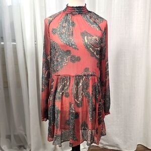 2/$30‎ Free People Moonstruck Red Paisley Dress Tunic Pockets Sheer